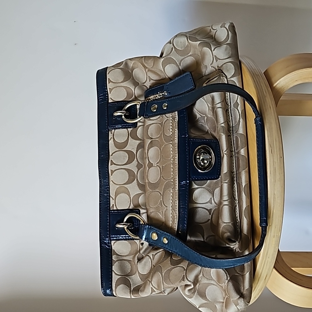 Coach Beige and Navy Signature Shoulder Bag
